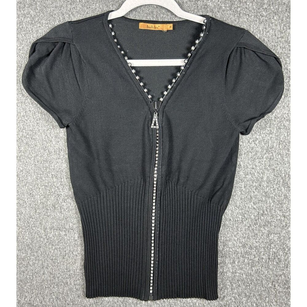 Belldini Black Rhinestone Full Zip Short Sleeve Sweater Cardigan Top M